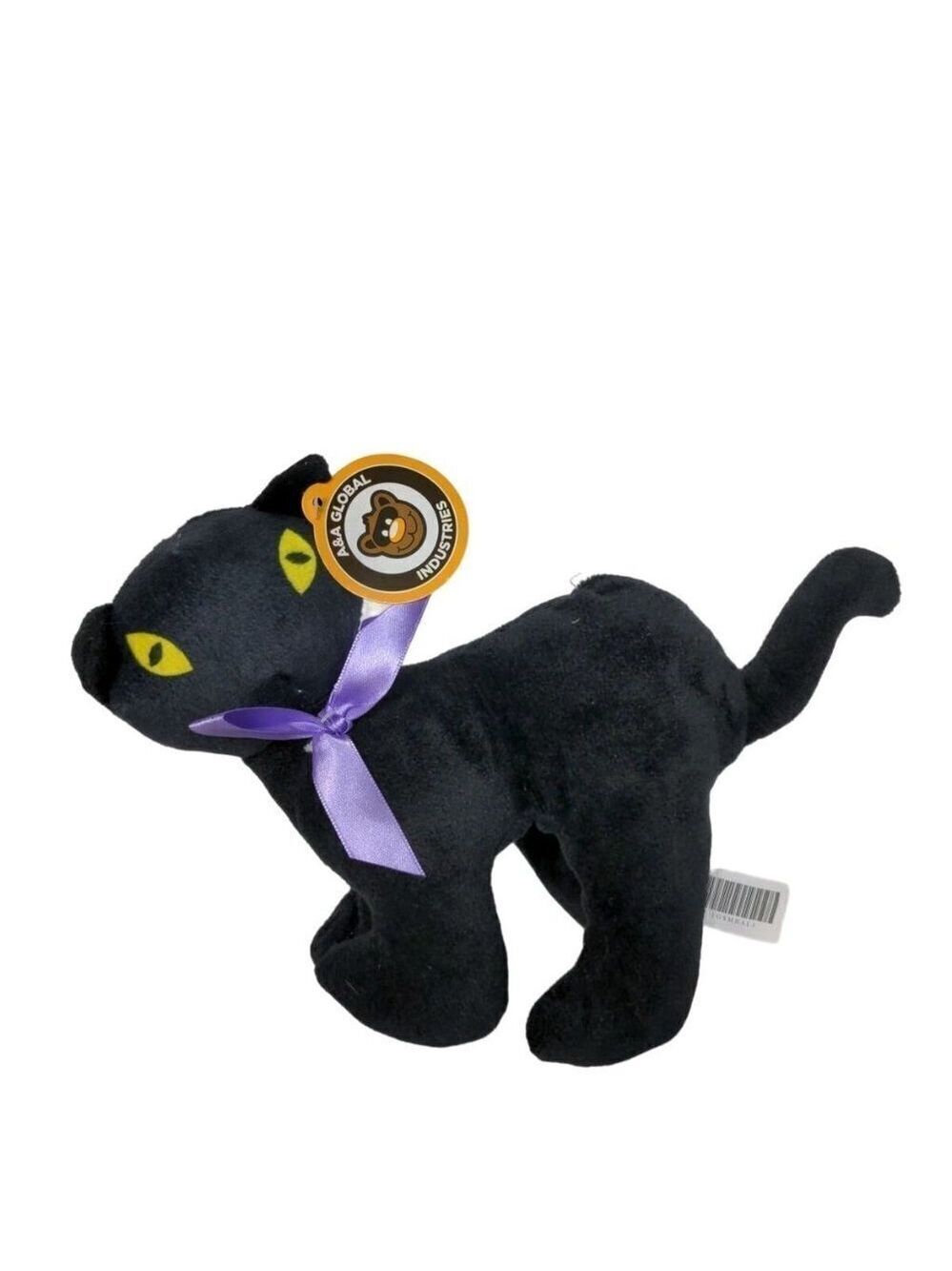 A&A Global Black Cat Plush Halloween Purple Bow 9.75 Inch